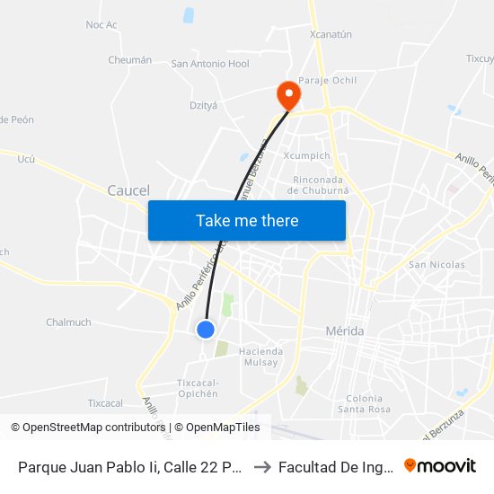 Parque Juan Pablo Ii, Calle 22 Por 29 Y 31, Fraccionamiento Juan Pablo II to Facultad De Ingeniería Química (Uady) map