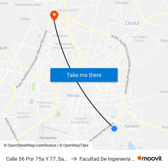 Calle 56 Por 75a Y 77, San Antonio Kaua III to Facultad De Ingeniería Química (Uady) map