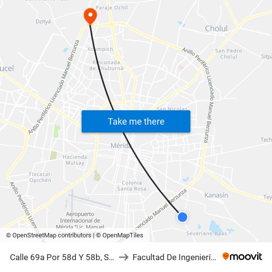 Calle 69a Por 58d Y 58b, Santa Isabel, Kanasín to Facultad De Ingeniería Química (Uady) map