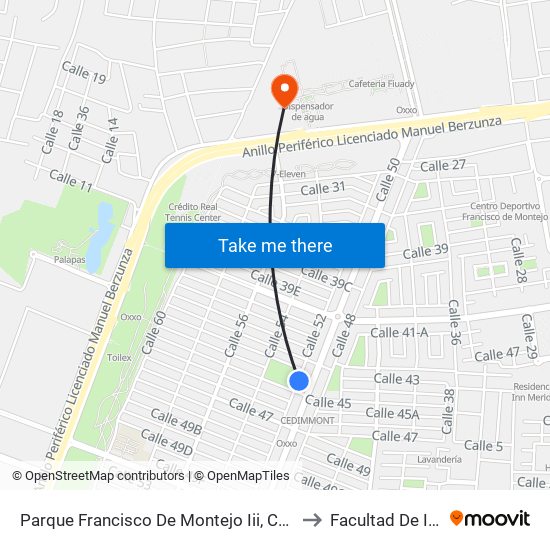 Parque Francisco De Montejo Iii, Calle 52 Por 45 Y 43, Fraccionamiento Francisco De Montejo to Facultad De Ingeniería Química (Uady) map