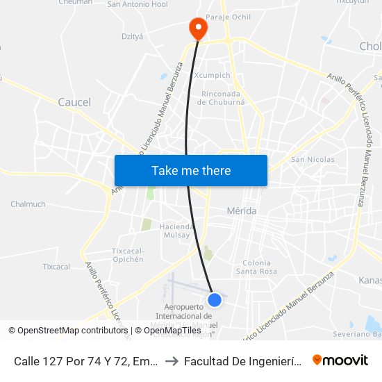 Calle 127 Por 74 Y 72, Emiliano Zapata Sur L. to Facultad De Ingeniería Química (Uady) map