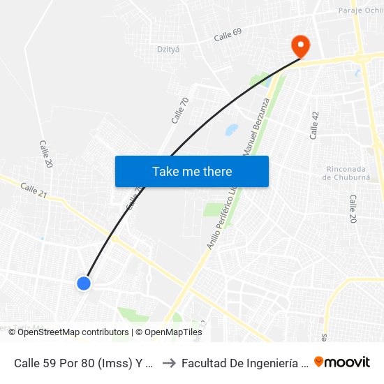 Calle 59 Por 80 (Imss) Y 82, Ciudad Caucel to Facultad De Ingeniería Química (Uady) map