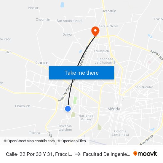 Calle- 22 Por 33 Y 31, Fraccionamiento Juan Pablo Ii. to Facultad De Ingeniería Química (Uady) map