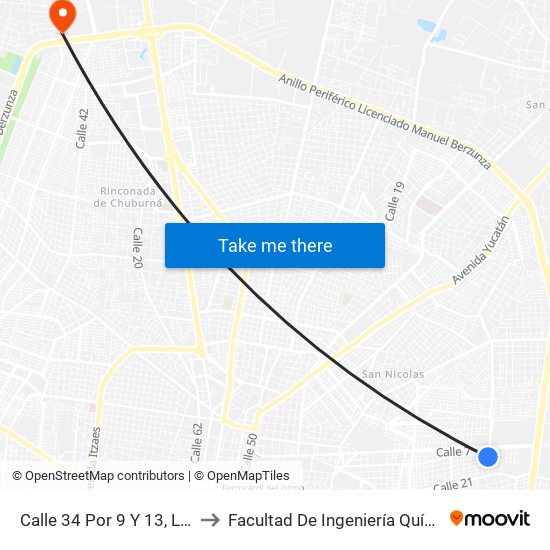 Calle 34 Por 9 Y 13, Los Reyes, to Facultad De Ingeniería Química (Uady) map