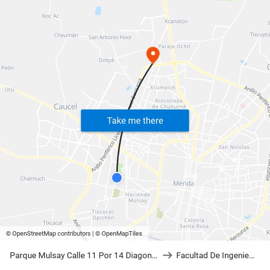 Parque Mulsay Calle 11 Por 14 Diagonal Y 16, Fraccionamiento Mulsay. to Facultad De Ingeniería Química (Uady) map