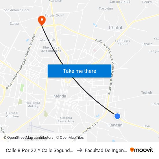 Calle 8 Por 22 Y Calle Segunda, San Pedro Noh Pat (Kanasín) to Facultad De Ingeniería Química (Uady) map