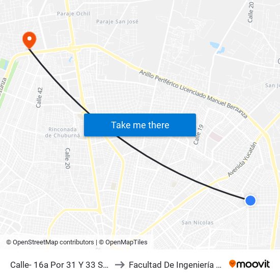 Calle- 16a Por 31 Y 33 San Pedro Cholul to Facultad De Ingeniería Química (Uady) map