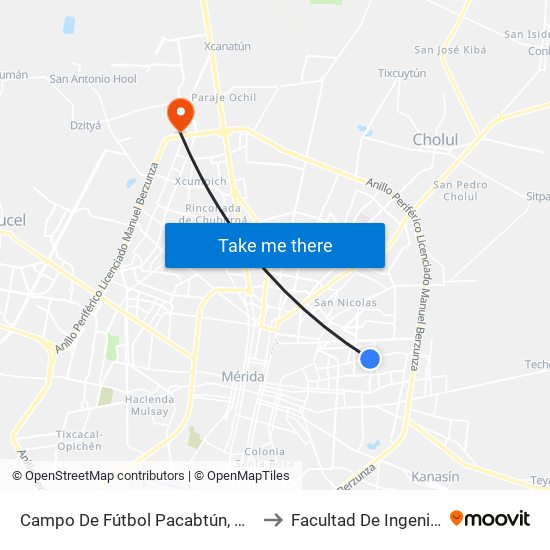 Campo De Fútbol Pacabtún, Calle 21 Por 50 Y 46, Pacabtún to Facultad De Ingeniería Química (Uady) map