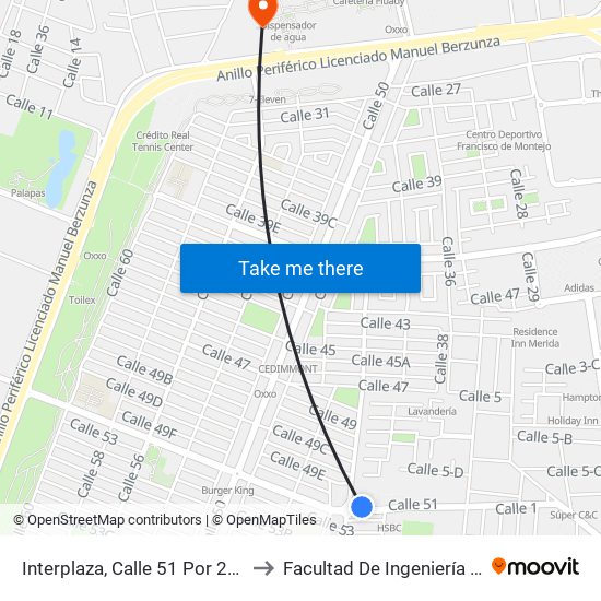 Interplaza, Calle 51 Por 24 Y 42, Xcumpich to Facultad De Ingeniería Química (Uady) map