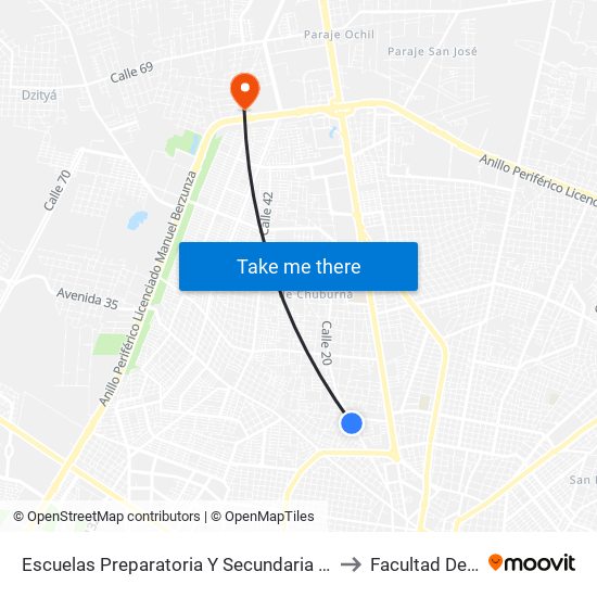 Escuelas Preparatoria Y Secundaria Número 2, Calle 20 Por 16 Y 14, Fraccionamiento Pedregales De Tanlum to Facultad De Ingeniería Química (Uady) map