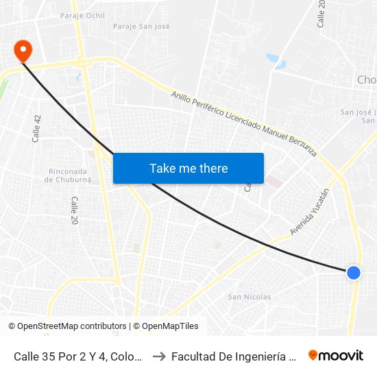 Calle 35 Por 2 Y 4, Colonia Santa María to Facultad De Ingeniería Química (Uady) map