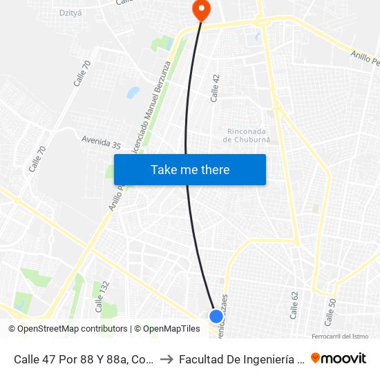 Calle 47 Por 88 Y 88a, Colonia Inalámbrica to Facultad De Ingeniería Química (Uady) map