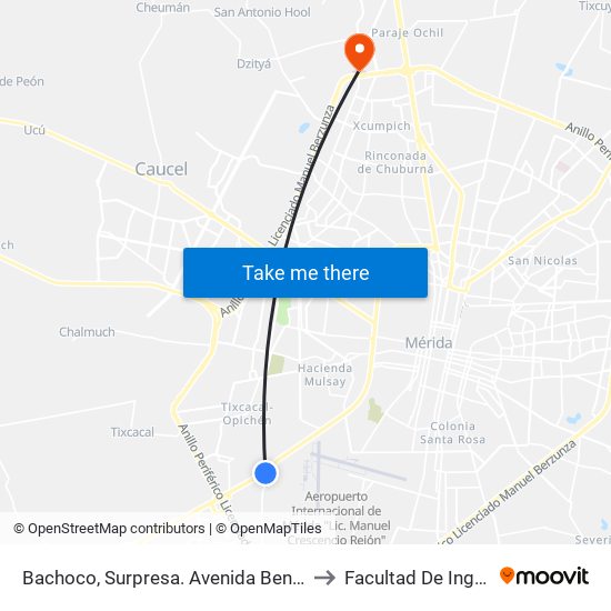 Bachoco, Surpresa. Avenida Benito Juárez Por Calle 20, Colonia Industrial to Facultad De Ingeniería Química (Uady) map