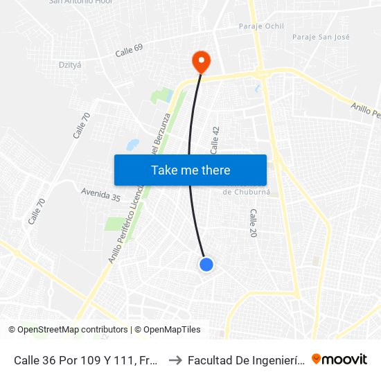 Calle 36 Por 109 Y 111, Francisco Villa Poniente to Facultad De Ingeniería Química (Uady) map