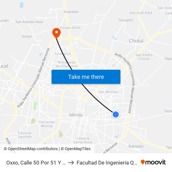 Oxxo, Calle 50 Por 51 Y 53, Pacabtún to Facultad De Ingeniería Química (Uady) map