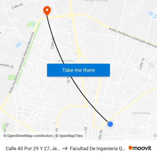 Calle 40 Por 29 Y 27, Jesus Carranza to Facultad De Ingeniería Química (Uady) map