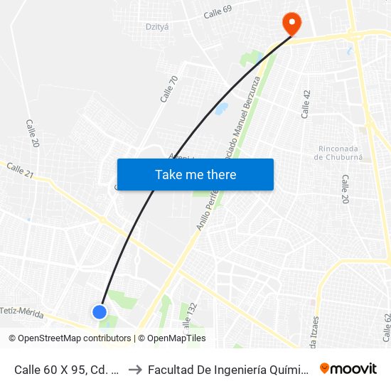 Calle 60 X 95, Cd. Caucel to Facultad De Ingeniería Química (Uady) map