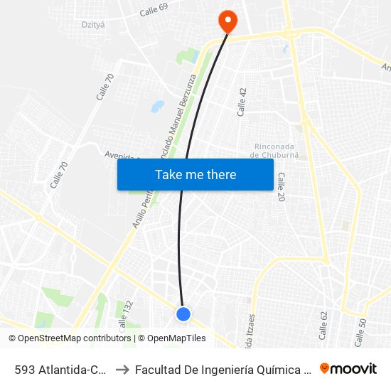 593 Atlantida-Canek to Facultad De Ingeniería Química (Uady) map