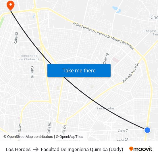 Los Heroes to Facultad De Ingeniería Química (Uady) map