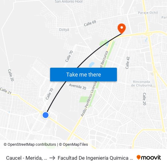 Caucel - Merida, 612 to Facultad De Ingeniería Química (Uady) map