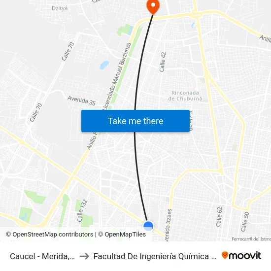 Caucel - Merida, 604 to Facultad De Ingeniería Química (Uady) map