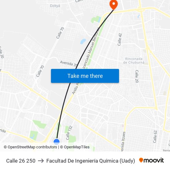 Calle 26 250 to Facultad De Ingeniería Química (Uady) map