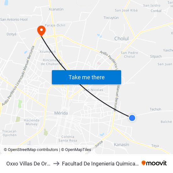 Oxxo Villas De Oriente to Facultad De Ingeniería Química (Uady) map