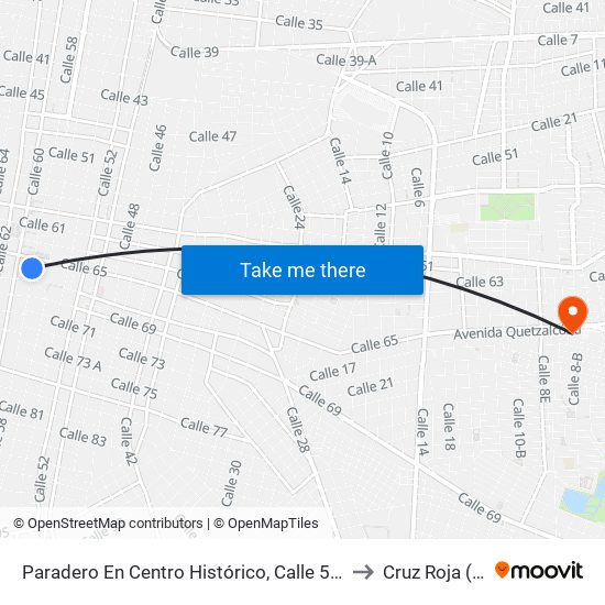 Paradero En Centro Histórico, Calle 58 Por 65 Y 67, Centro to Cruz Roja (Oriente) map