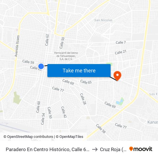 Paradero En Centro Histórico, Calle 64 Por 61 Y 63, Centro to Cruz Roja (Oriente) map