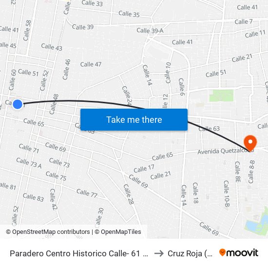 Paradero Centro Historico Calle- 61 Por 56 Y 58 Centro to Cruz Roja (Oriente) map