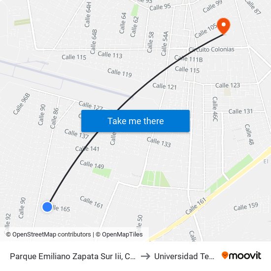 Parque Emiliano Zapata Sur Iii, Calle 165 Por 84b Y 84a, Emiliano Zapata Sur III to Universidad Tecnológica Metropolitana map