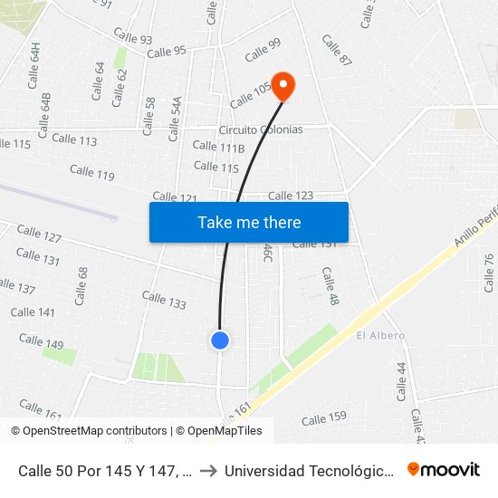 Calle 50 Por 145 Y 147, Cinco Colonias to Universidad Tecnológica Metropolitana map