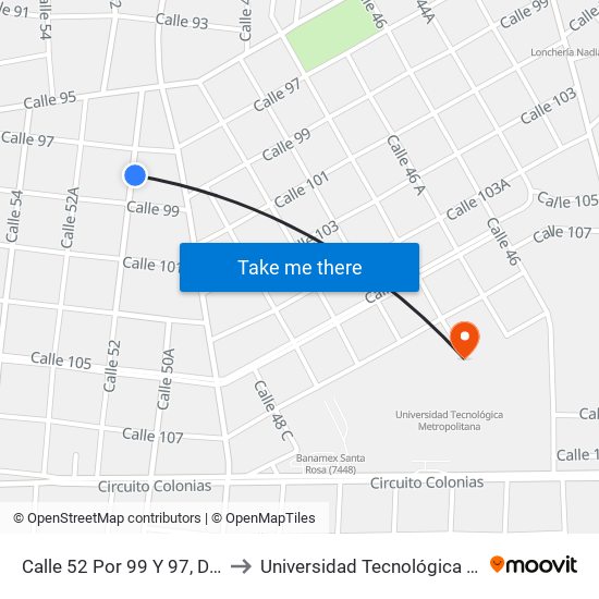 Calle 52 Por 99 Y 97, Dolores Otero to Universidad Tecnológica Metropolitana map