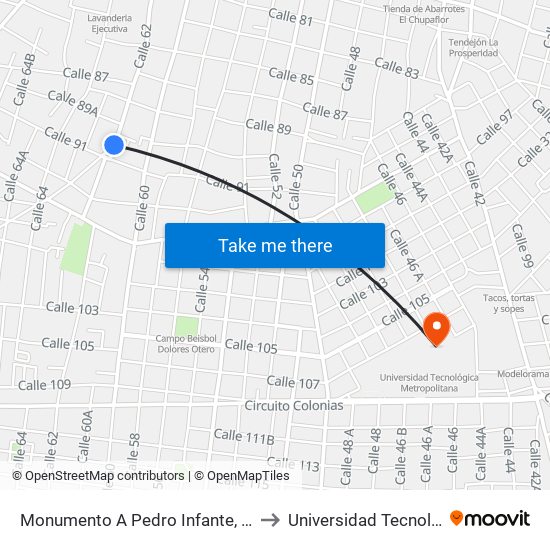 Monumento A Pedro Infante, Calle 62  Por 89a Y 91, Centro to Universidad Tecnológica Metropolitana map
