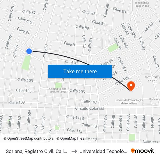 Soriana, Registro Civil. Calle 62 Por 93 Y 95, Centro to Universidad Tecnológica Metropolitana map