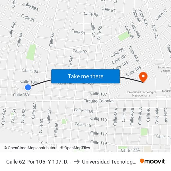 Calle 62 Por 105  Y 107, Delio Moreno Cantón to Universidad Tecnológica Metropolitana map