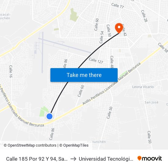 Calle 185 Por 92 Y 94, San Antonio Xluch III to Universidad Tecnológica Metropolitana map
