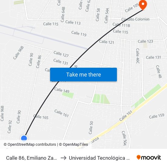 Calle 86, Emiliano Zapata Sur III to Universidad Tecnológica Metropolitana map