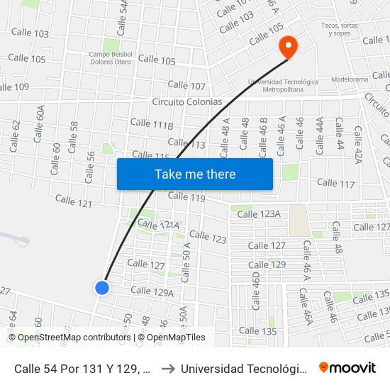 Calle 54 Por 131 Y 129, Mercedes Barrera to Universidad Tecnológica Metropolitana map