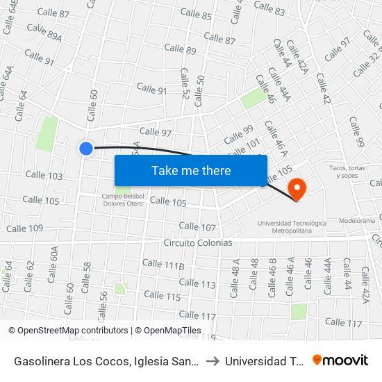 Gasolinera Los Cocos, Iglesia San Francisco De Asís, Calle 60 Por 101 Y 95, Dolores Otero to Universidad Tecnológica Metropolitana map