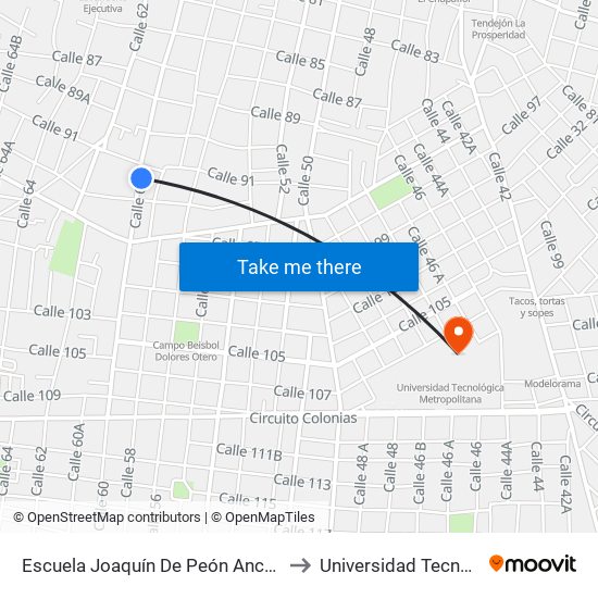 Escuela Joaquín De Peón Ancona, Calle 60 Por 93 Y 91,  Centro to Universidad Tecnológica Metropolitana map