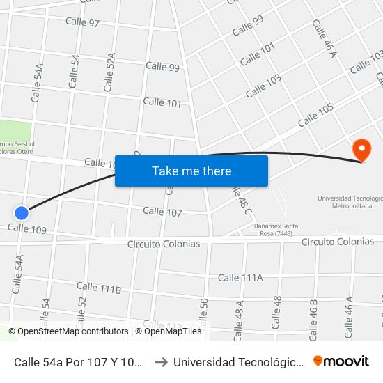 Calle 54a Por 107 Y 109, Dolores Otero to Universidad Tecnológica Metropolitana map