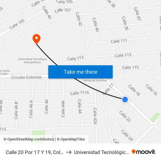 Calle 20 Por 17 Y 19, Colonia María Luisa to Universidad Tecnológica Metropolitana map