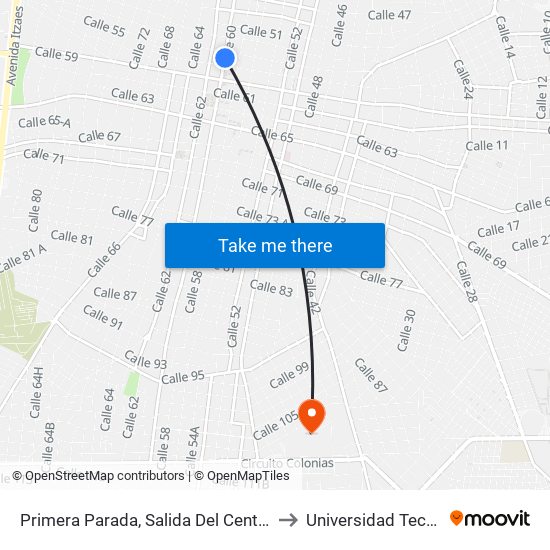 Primera Parada, Salida Del Centro Histórico, Calle 60 Por 57 Y 55, Centro to Universidad Tecnológica Metropolitana map