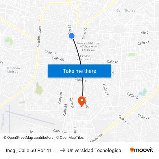 Inegi, Calle 60 Por 41 Y 39, Centro to Universidad Tecnológica Metropolitana map