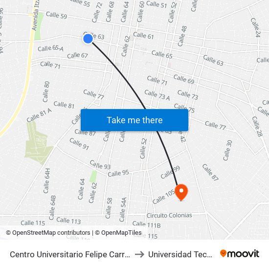 Centro Universitario Felipe Carrillo Puerto, Calle 65 Por 70 Y 72, Centro to Universidad Tecnológica Metropolitana map