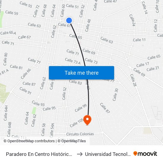 Paradero En Centro Histórico, Calle 58 Por 61 Y 63, Centro to Universidad Tecnológica Metropolitana map