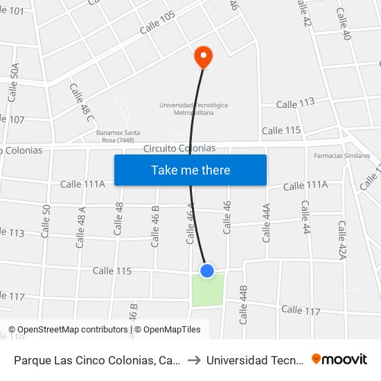 Parque Las Cinco Colonias, Calle 115 Por 46 Y 46a, Cinco Colonias to Universidad Tecnológica Metropolitana map