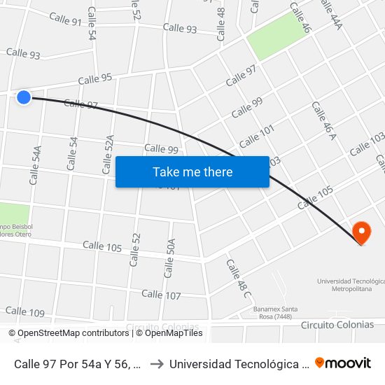 Calle 97 Por 54a Y 56, Dolores Otero to Universidad Tecnológica Metropolitana map