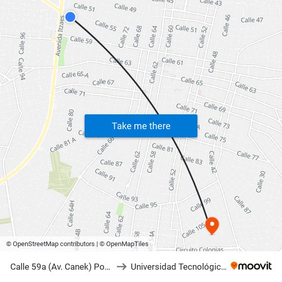 Calle 59a (Av. Canek) Por 84 Y 84a Centro to Universidad Tecnológica Metropolitana map